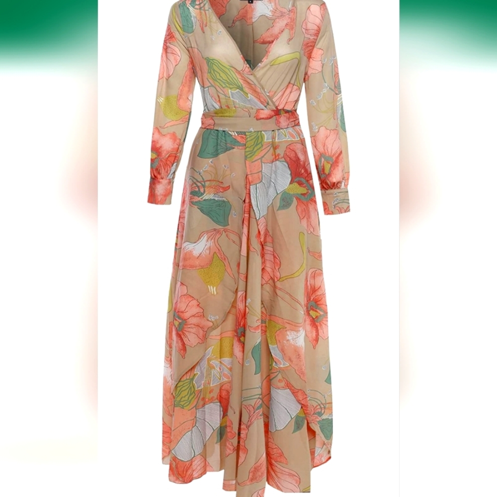 Plus Size Bohemian Floral Long Sleeve Maxi Wrap Dress